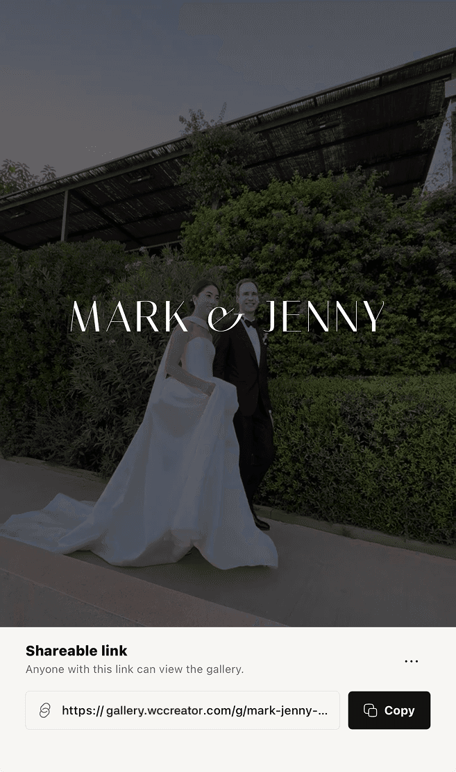 Branded gallery cover for Mark and Jenny, with a custom title and shareable link